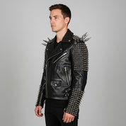 Men's Black Silver Studded Leather Biker Jacket