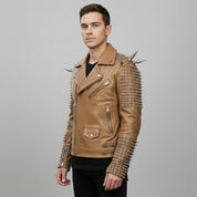 Men's Tan Silver Studded Leather Biker Jacket