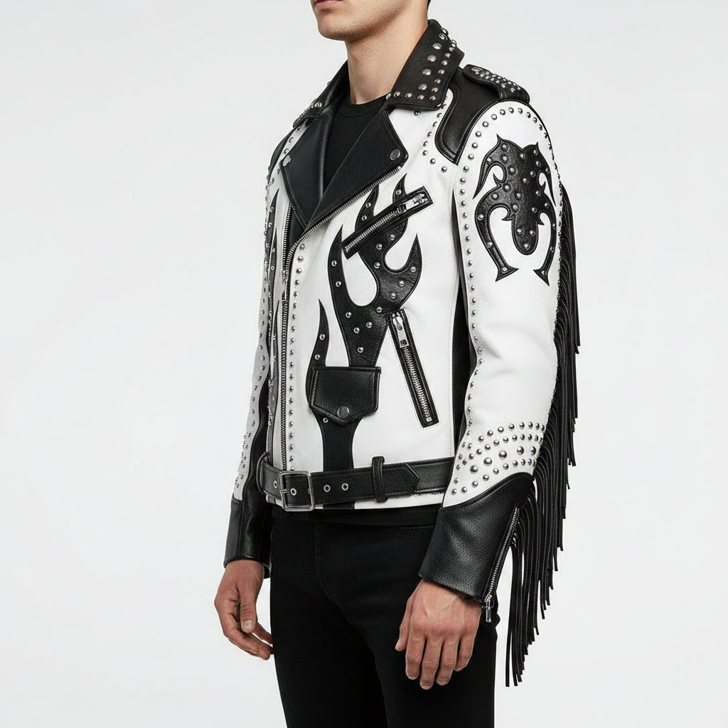 Men's Black and White Studded Leather Biker Jacket