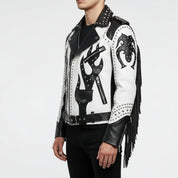 Men's Black and White Studded Leather Biker Jacket