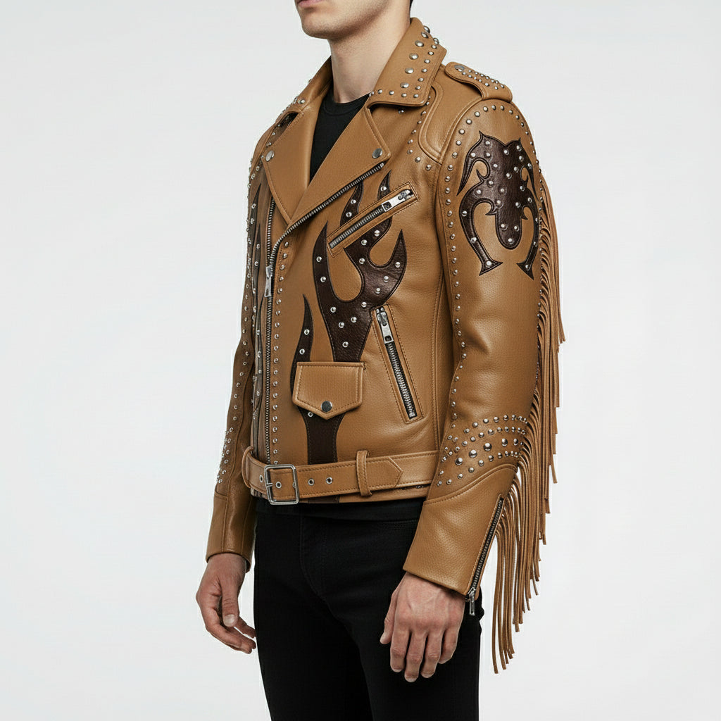 Men's Tan and Black Studded Leather Biker Jacket