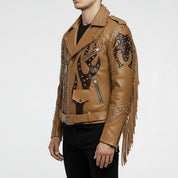 Men's Tan and Black Studded Leather Biker Jacket