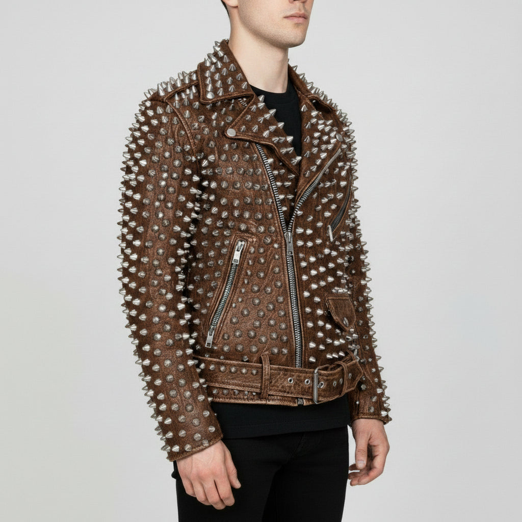 Men's Brown Silver Studded Leather Biker Jacket