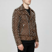 Men's Brown Silver Studded Leather Biker Jacket