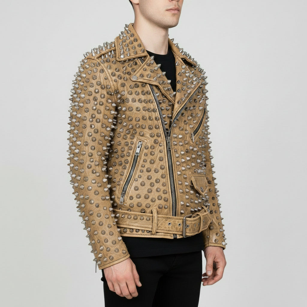 Men's Tan Silver Studded Leather Biker Jacket