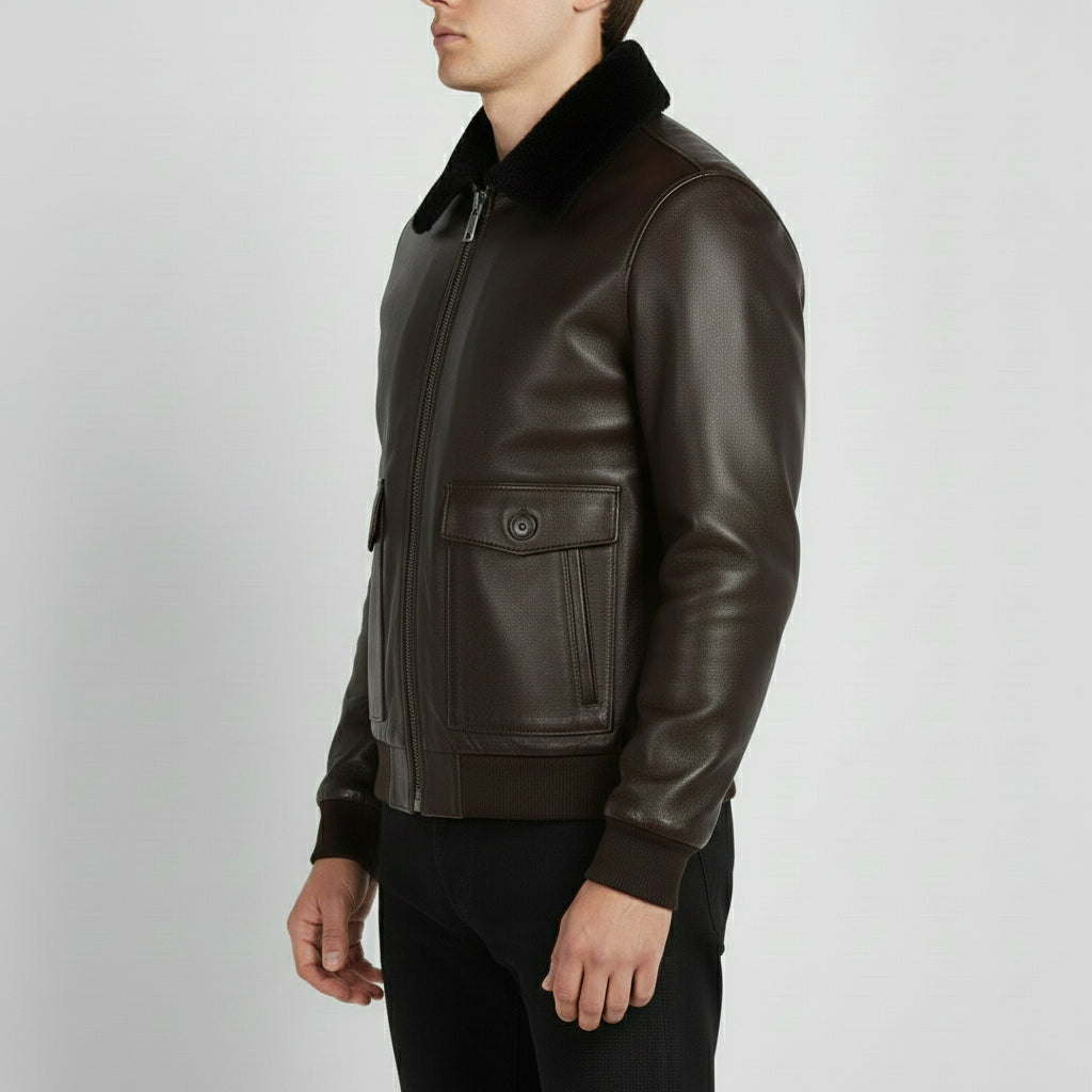Men's Brown and Black Leather Bomber Jacket