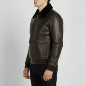 Men's Brown and Black Leather Bomber Jacket