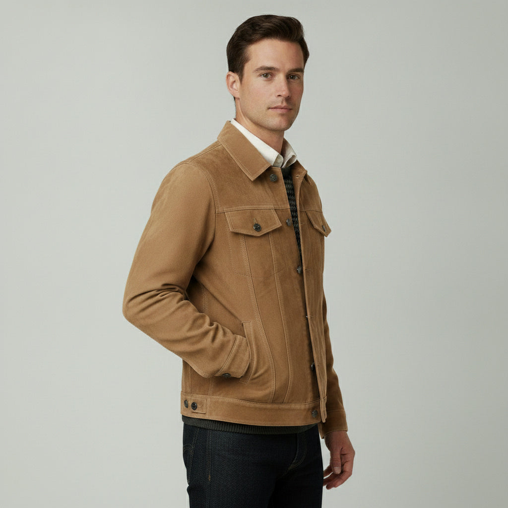Men's Tan Suede Trucker Jacket