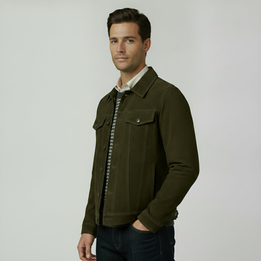 Men's Olive Green Suede Trucker Jacket