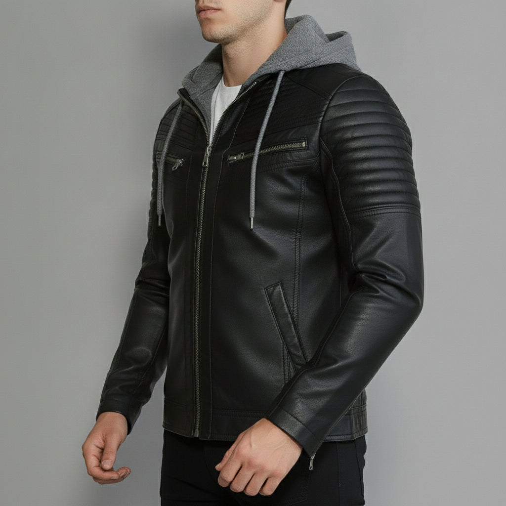 Men's Black and Grey Hooded Leather Biker Jacket