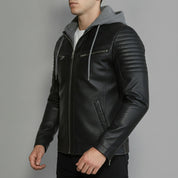 Men's Black and Grey Hooded Leather Biker Jacket