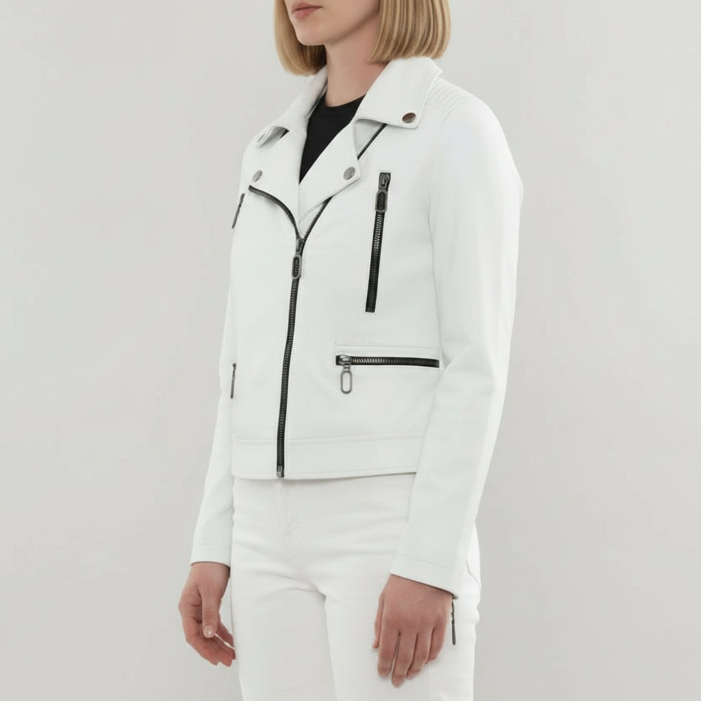 Women's White Leather Biker Jacket