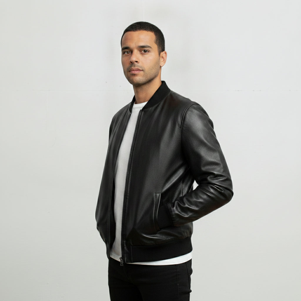 Men's Black Leather Bomber Jacket