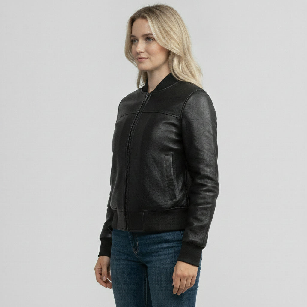 Women's Black Diamond-Embossed Leather Bomber Jacket