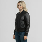 Women's Black Diamond-Embossed Leather Bomber Jacket