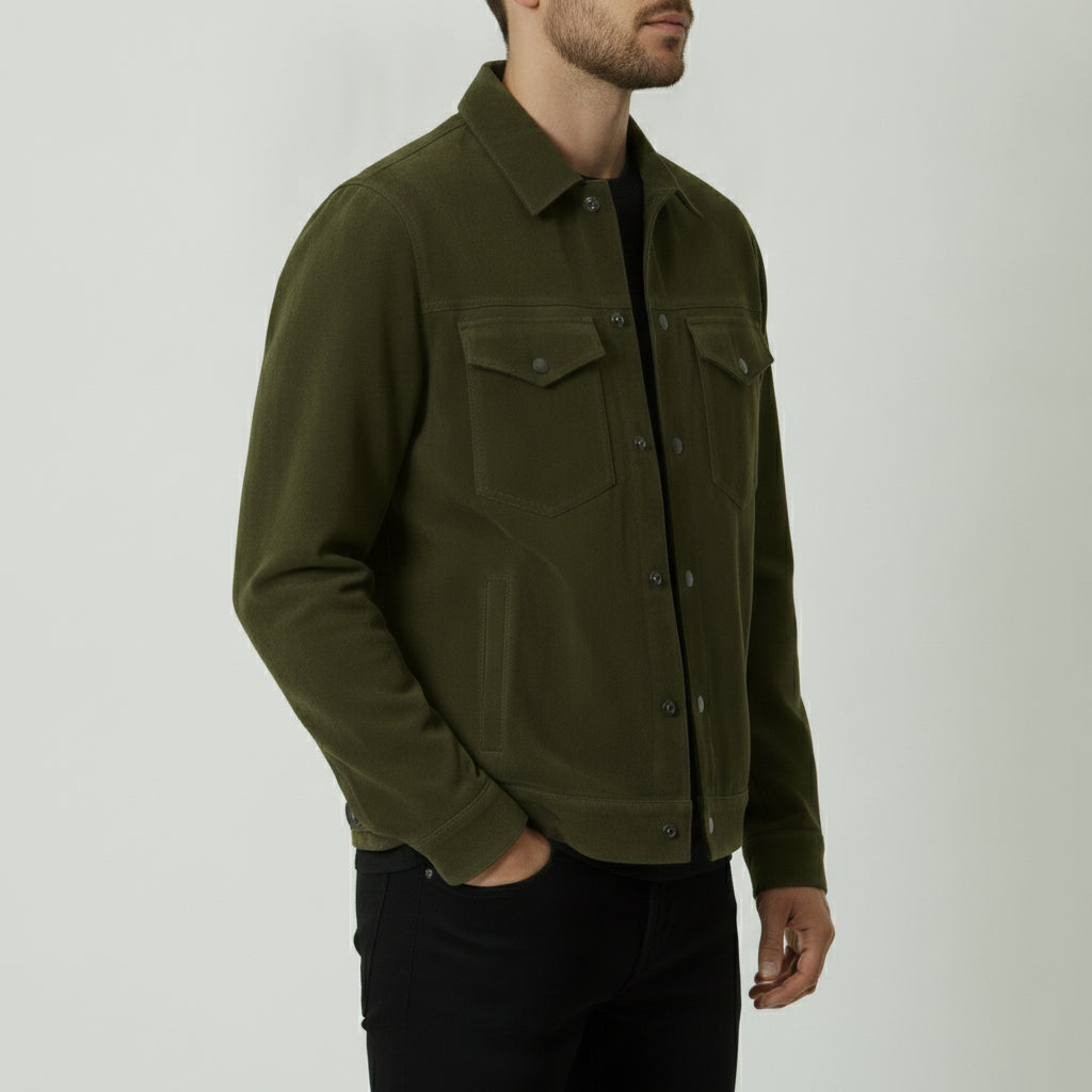 Men's Olive Green Suede Trucker Jacket
