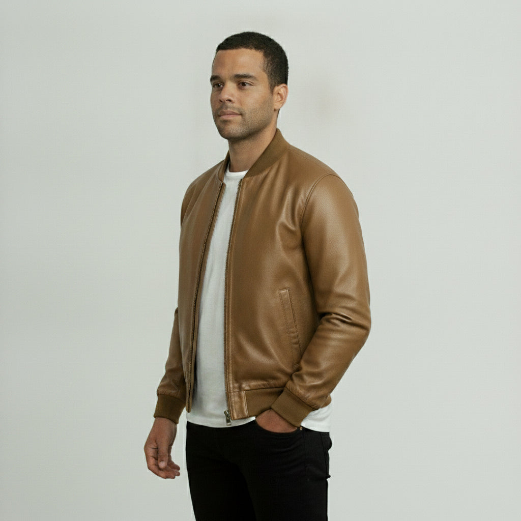 Men's Tan Leather Bomber Jacket