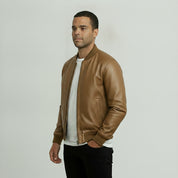 Men's Tan Leather Bomber Jacket