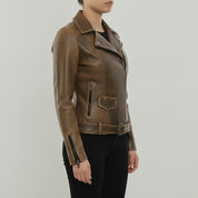 Women's Brown Leather Biker Jacket — Cunliffe