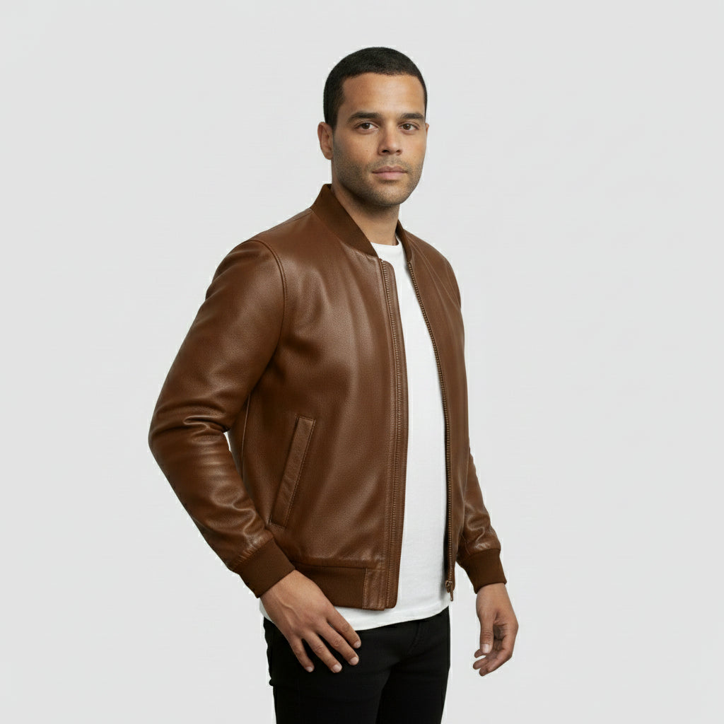 Men's Brown Leather Bomber Jacket