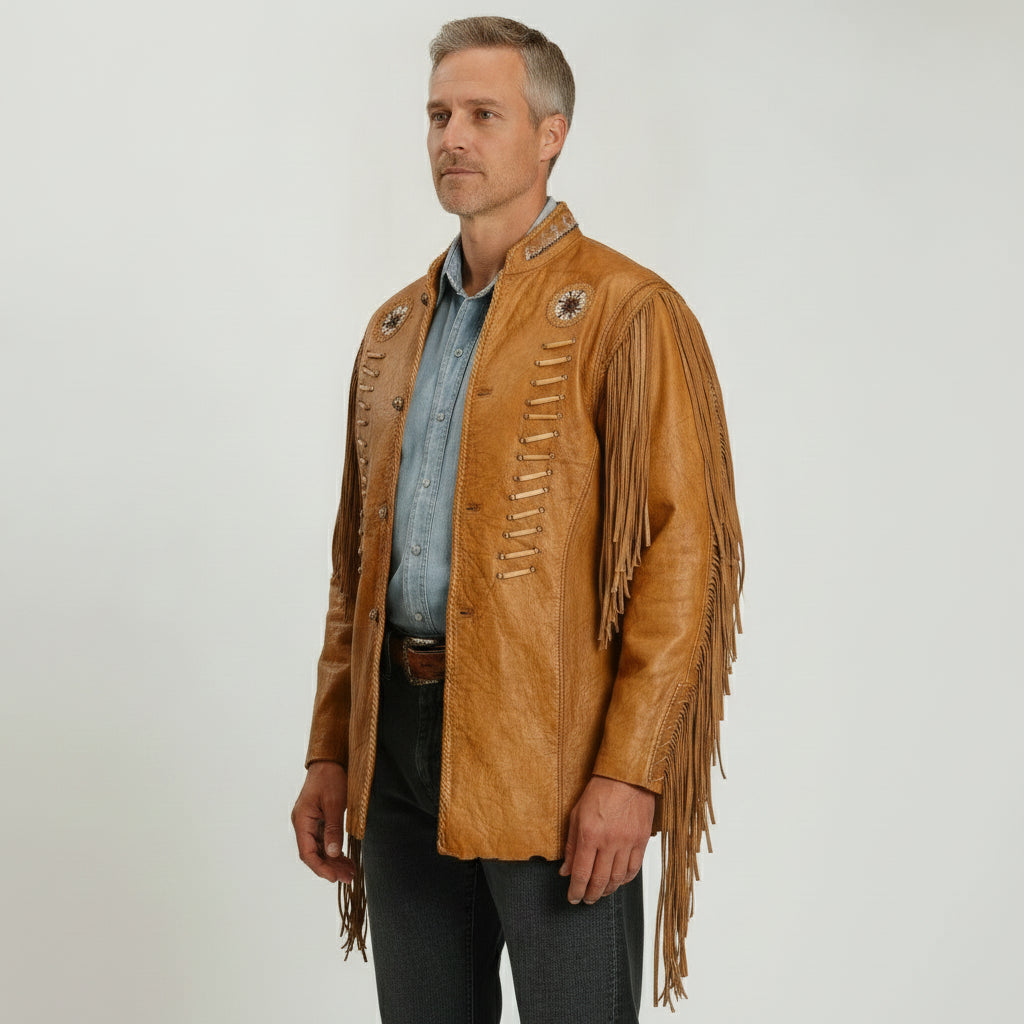 Men's Tan Fringe Leather Biker Jacket