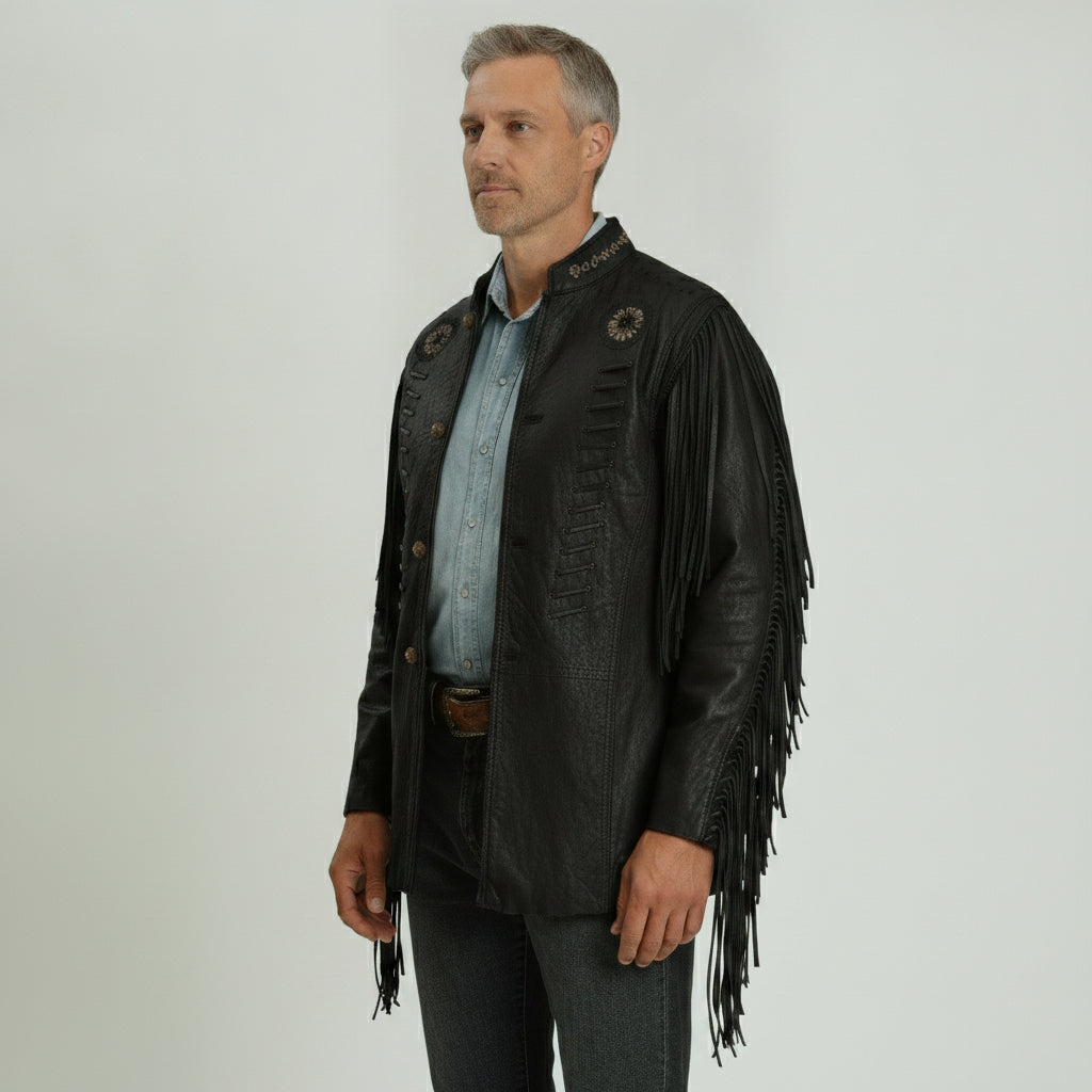 Men's Black Fringe Leather Biker Jacket