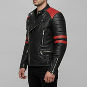 Men's Black and Red Leather Biker Jacket