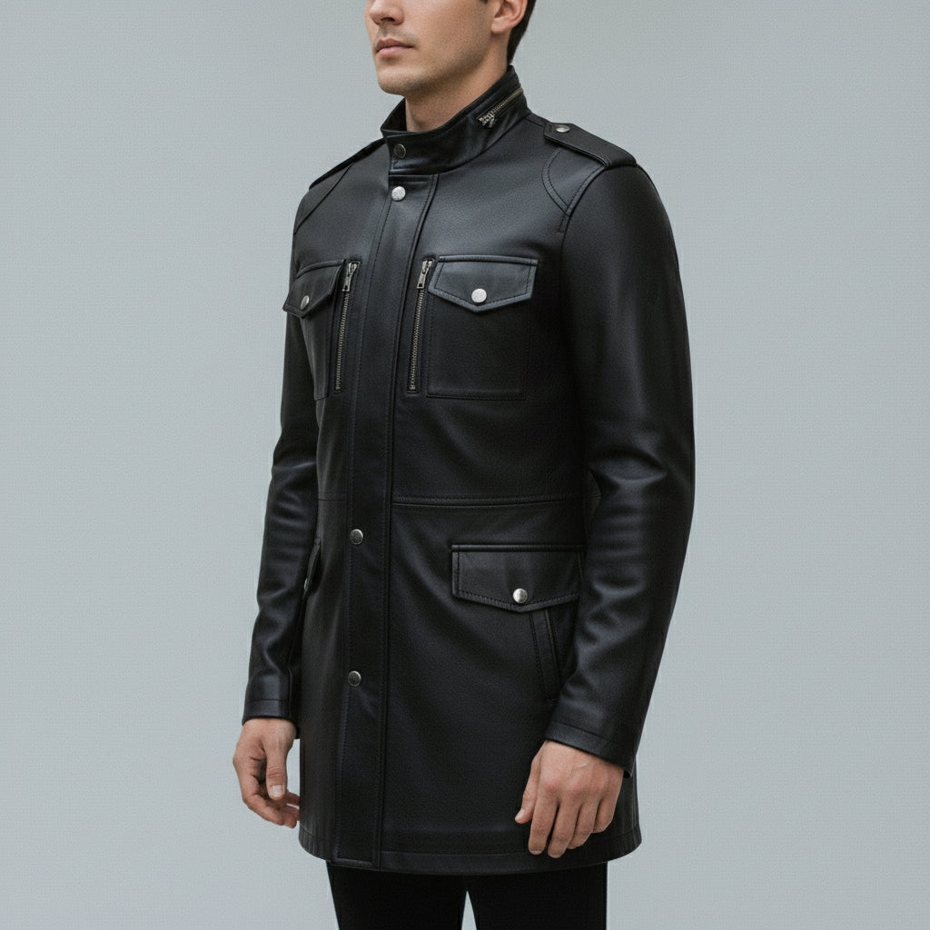 Men's Black Leather Long Jacket