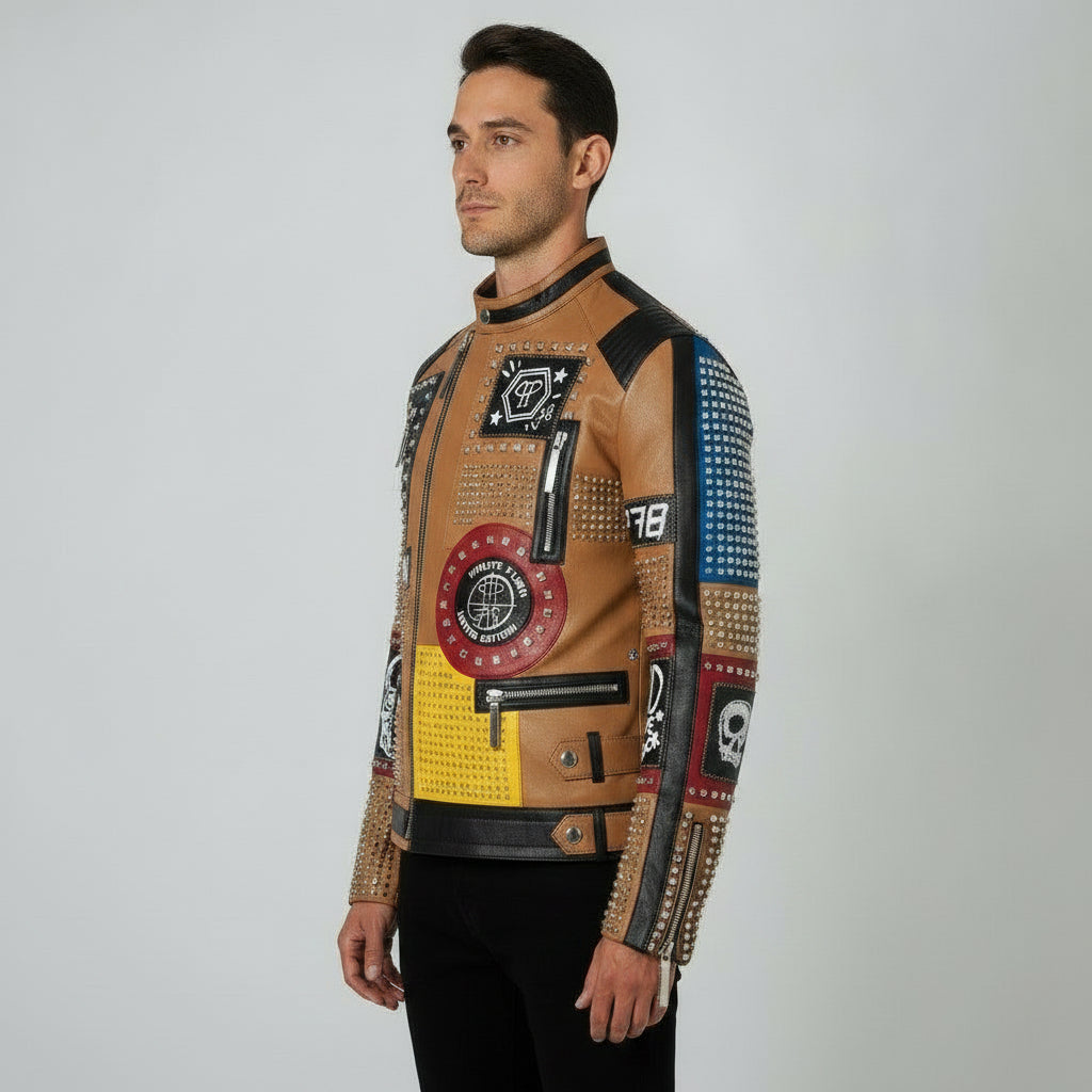Men's Tan Diamond Studded Leather Biker Jacket With Multicolor Patches Detail