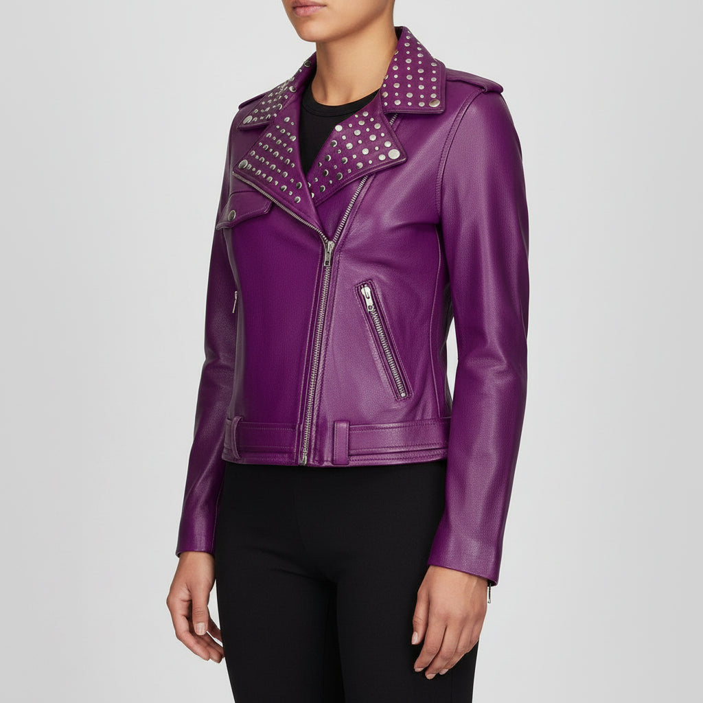 Women's Purple Studded Leather Biker Jacket