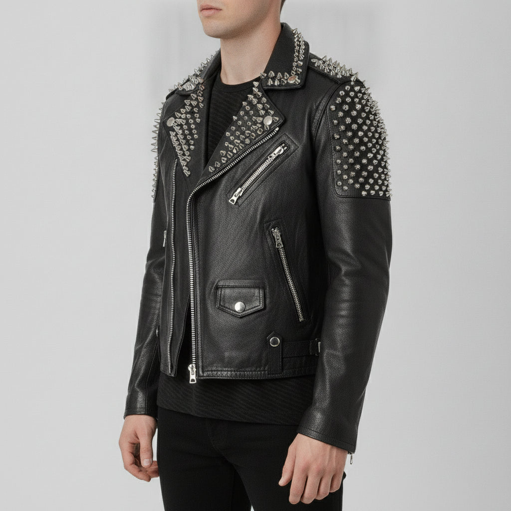 Men's Black Silver Studded Leather Biker Jacket