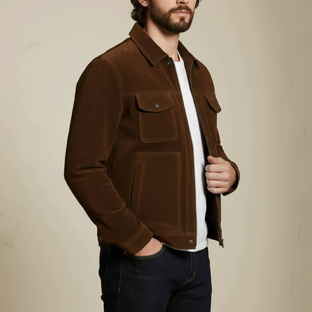 Men's Brown Suede Trucker Jacket