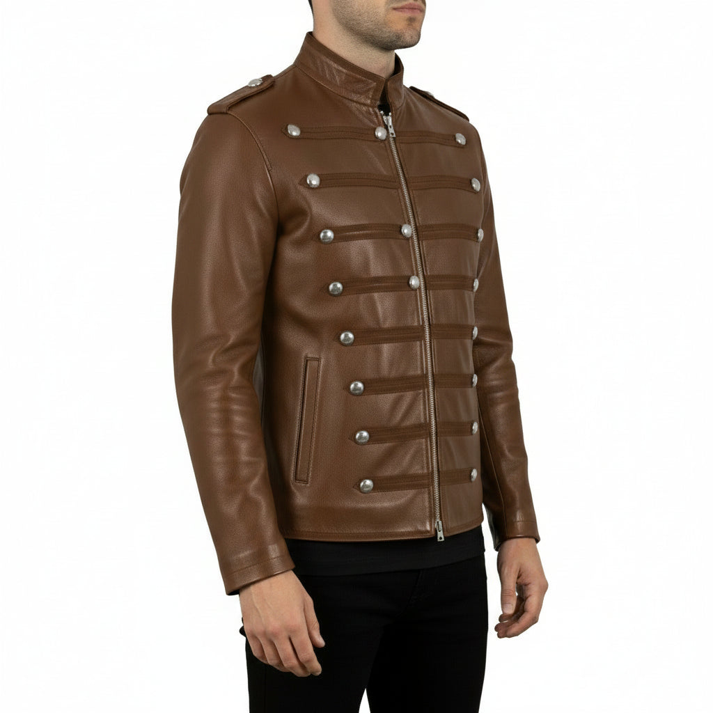 Brown Leather Military Jacket — Harington