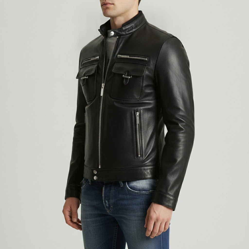 Men's Black Slim Fit Leather Biker Jacket