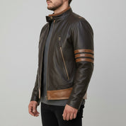 Men's Dark Brown and Tan Leather Biker Jacket