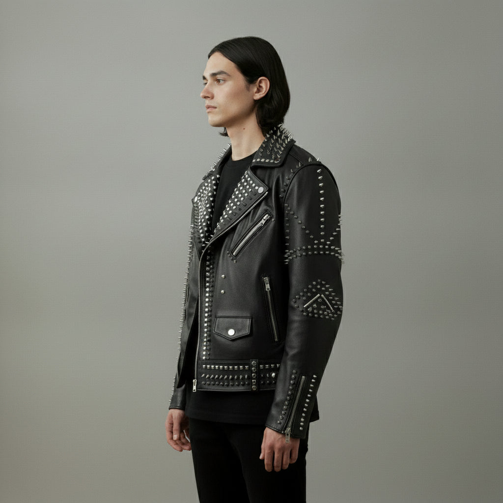 Men's Black Embroidered Studded Leather Biker Jacket