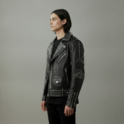 Men's Black Embroidered Studded Leather Biker Jacket