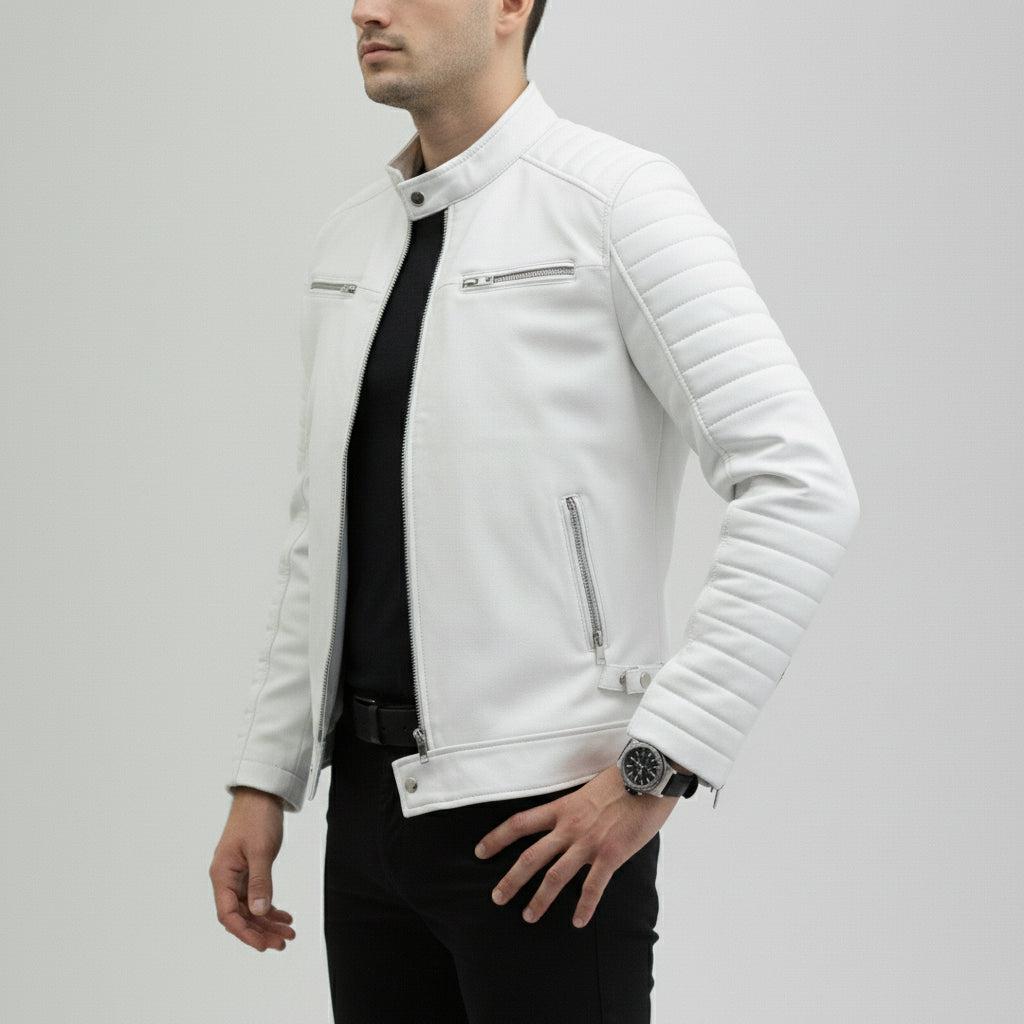 Men's White Leather Biker Jacket