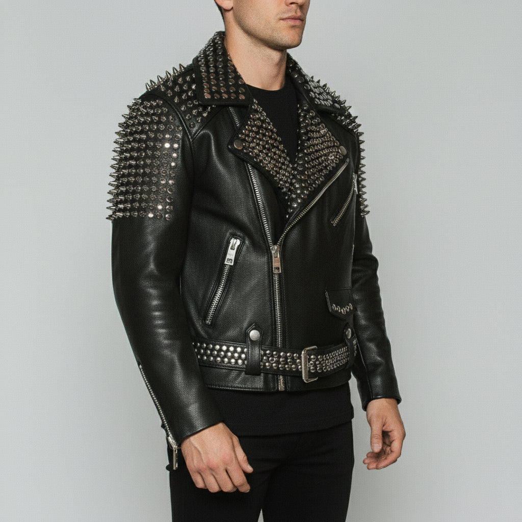 Men's Black Studded Leather Biker Jacket