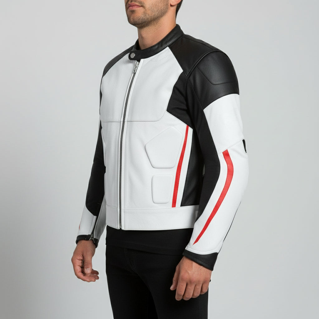 Men's White, Black, and Red Leather Biker Jacket