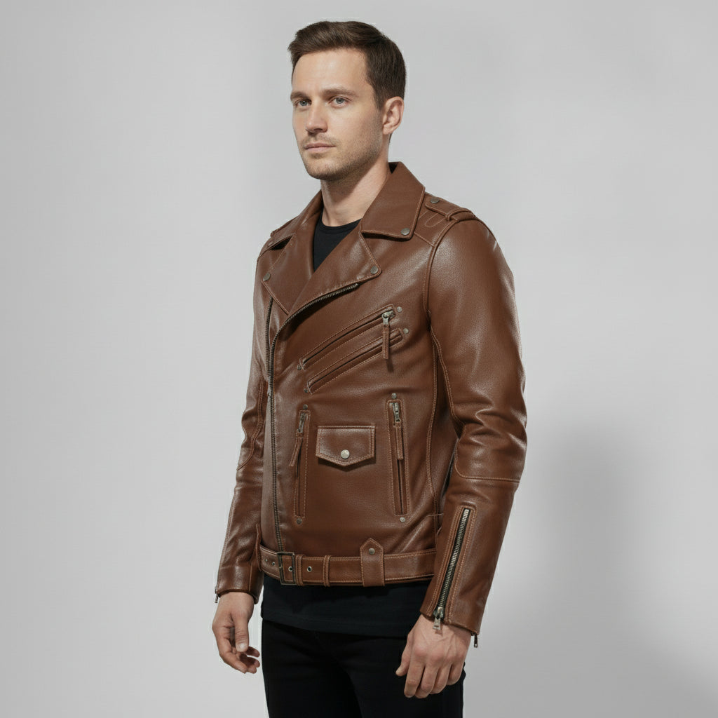 Men's Brown Leather Biker Jacket