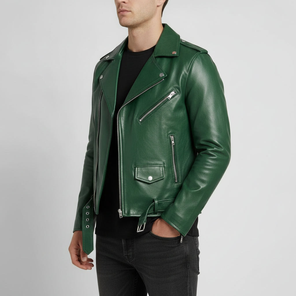 Men's Green Belted Leather Biker Jacket