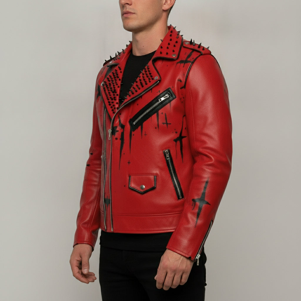 Men's Red Leather Biker Jacket — Norwich