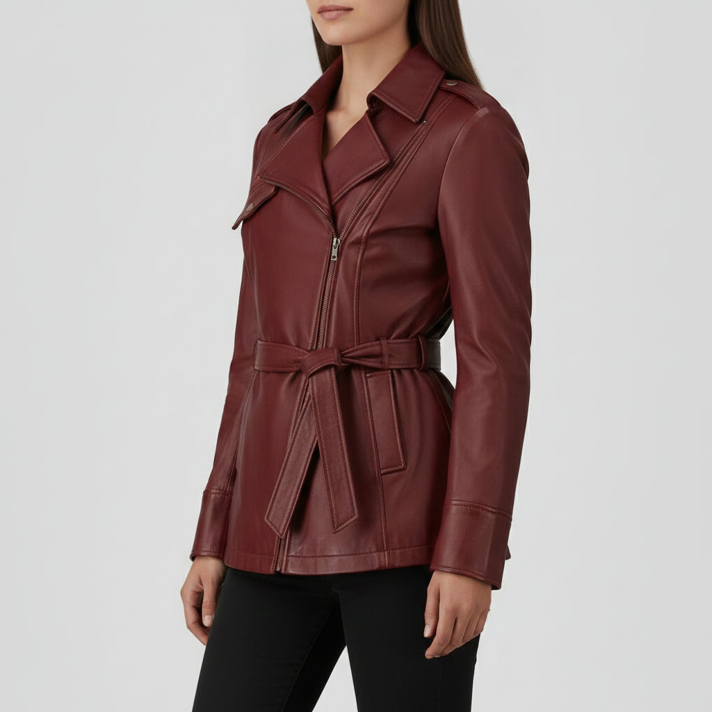 Women's Burgundy Belted Asymmetric Zipper Leather Biker Jacket