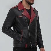 Men's Black and Burgundy Double Rider Leather Biker Jacket — Abbercombe