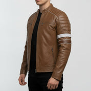 Men's Brown Leather Biker Jacket with Stripes — Pendleton