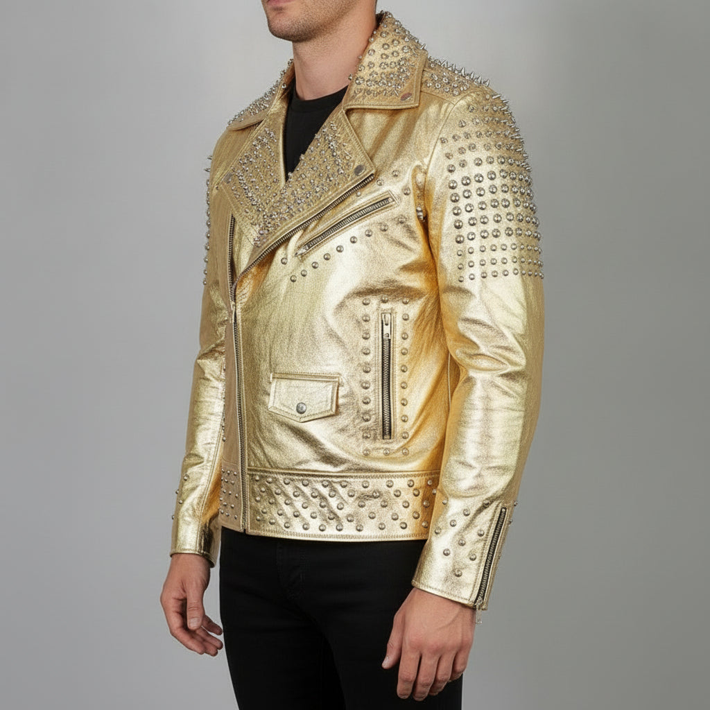 Men's Metallic Gold Studded Leather Biker Jacket — Abbeville