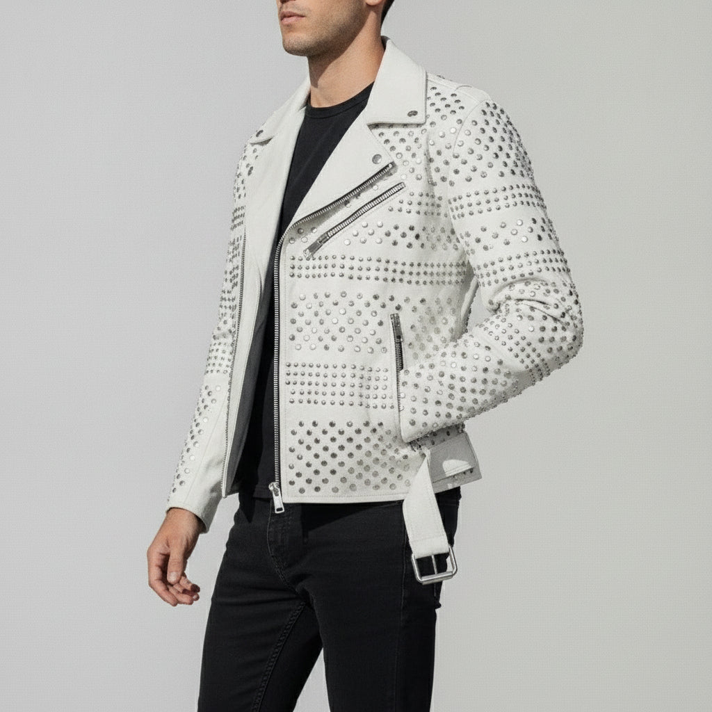 Men's White Studded Leather Biker Jacket — Abberidge