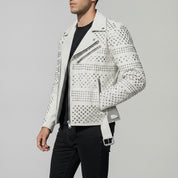 Men's White Studded Leather Biker Jacket — Abberidge