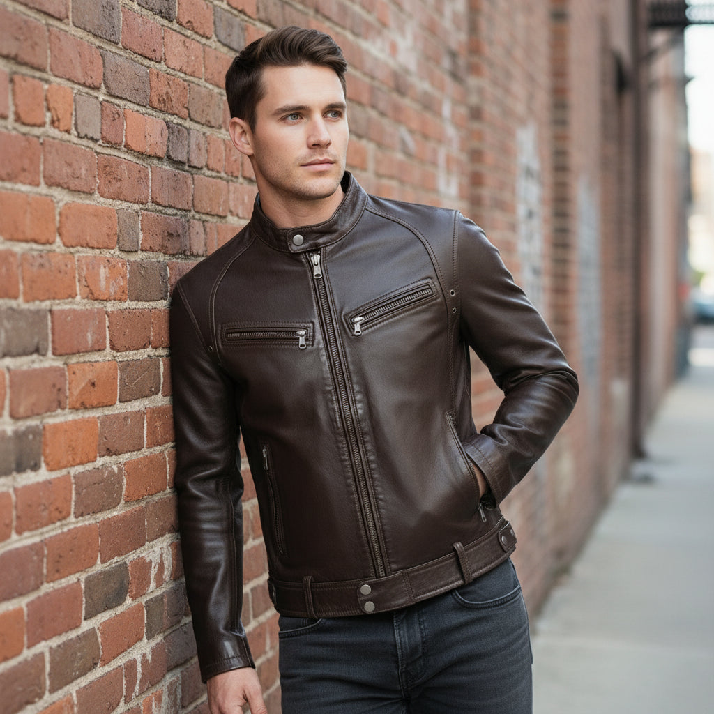 Handmade Vintage Men Brown Leather Racers Cafe Biker Jackets